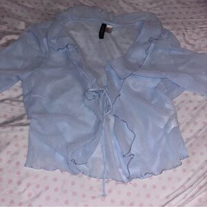 H&M Divided Blue Sheer Blouse with Ruffles & Tie Detail